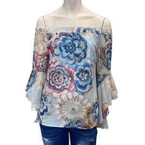 La Pateau Off The Shoulder Long Sleeve Floral Top Blue Size Medium NWT